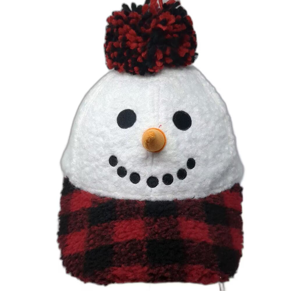 Holiday Time Baseball Cap White Red One Size Strapback Snowman Sherpa Plaid Hat